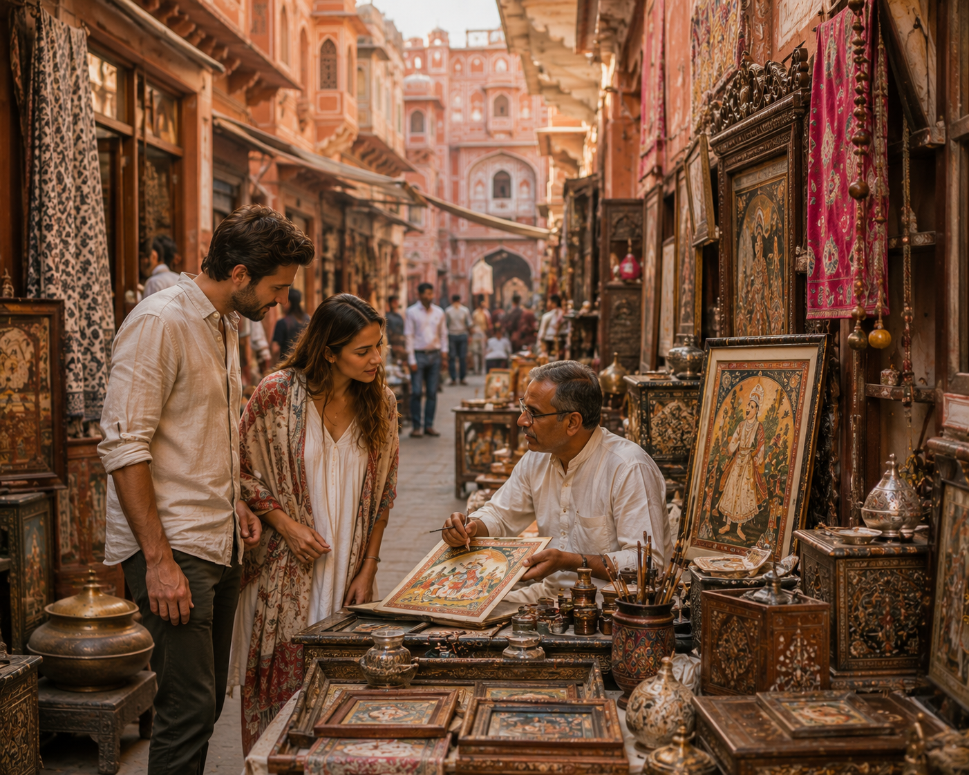 Travellers watching a miniature painting artist at his old Jaipur stall