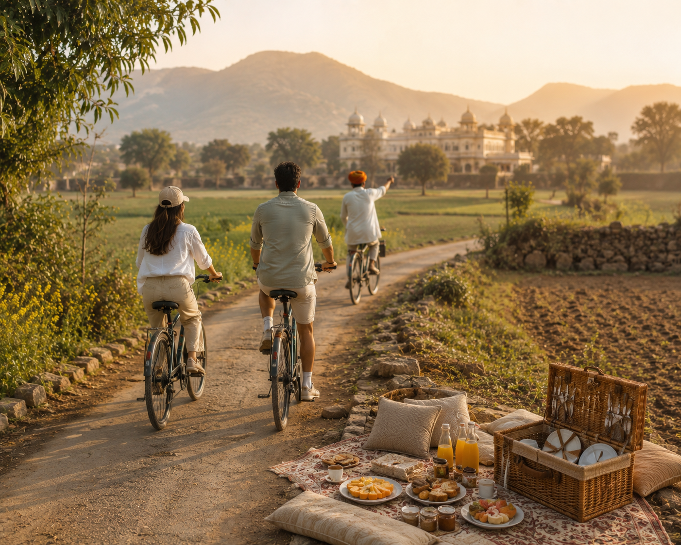 A group cycling a countryside lane at sunrise beside a laid-out picnic breakfast