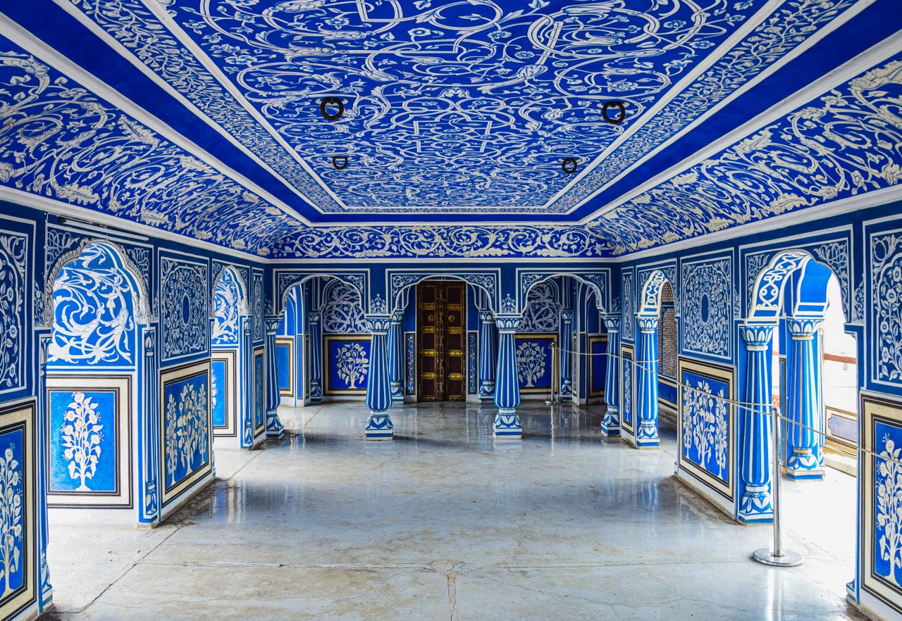 blue interior of a historic city palace, Jaipur