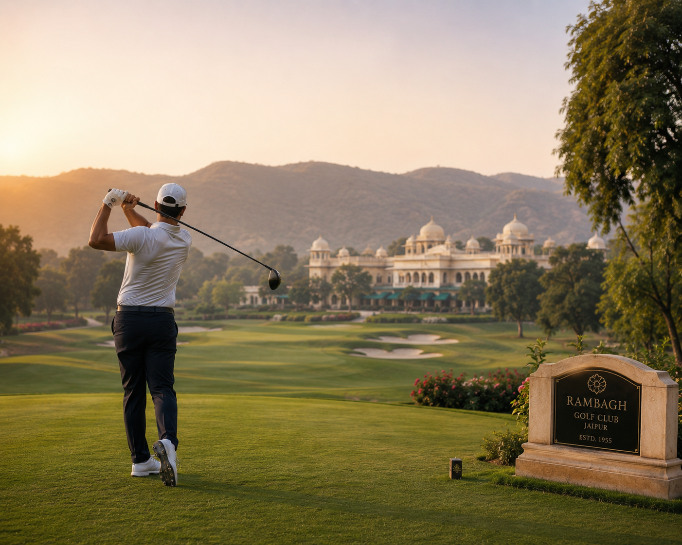 A golfer teeing off at Rambagh Golf Club with the palace in the distance
