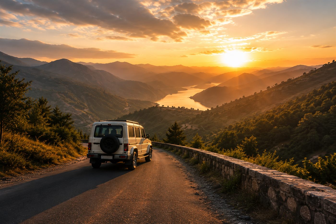 A luxury SUV on a winding mountain road above a lake at golden hour